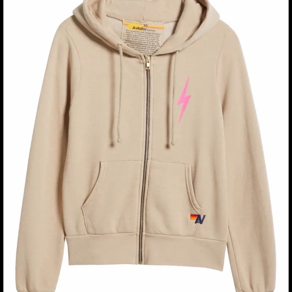Aviator Nation Beige Hoodie with Pink Lightning Bolt M